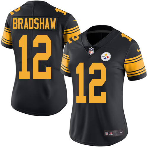 Women's Nike Pittsburgh Steelers #12 Terry Bradshaw Elite Black Rush Vapor Untouchable NFL Jersey